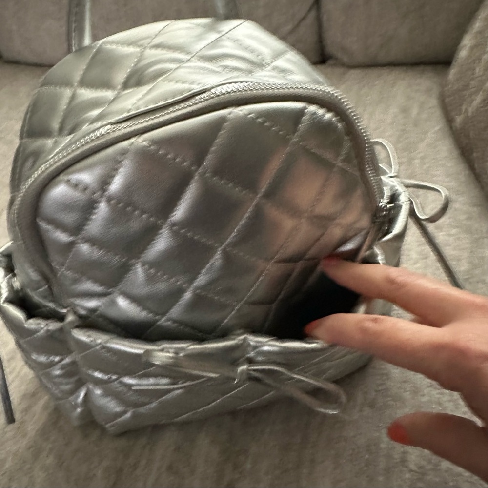 Metallic Silver Mini Backpack Quilted Vegan Leather Bowknot Shoulder Bag - Picture 8 of 10